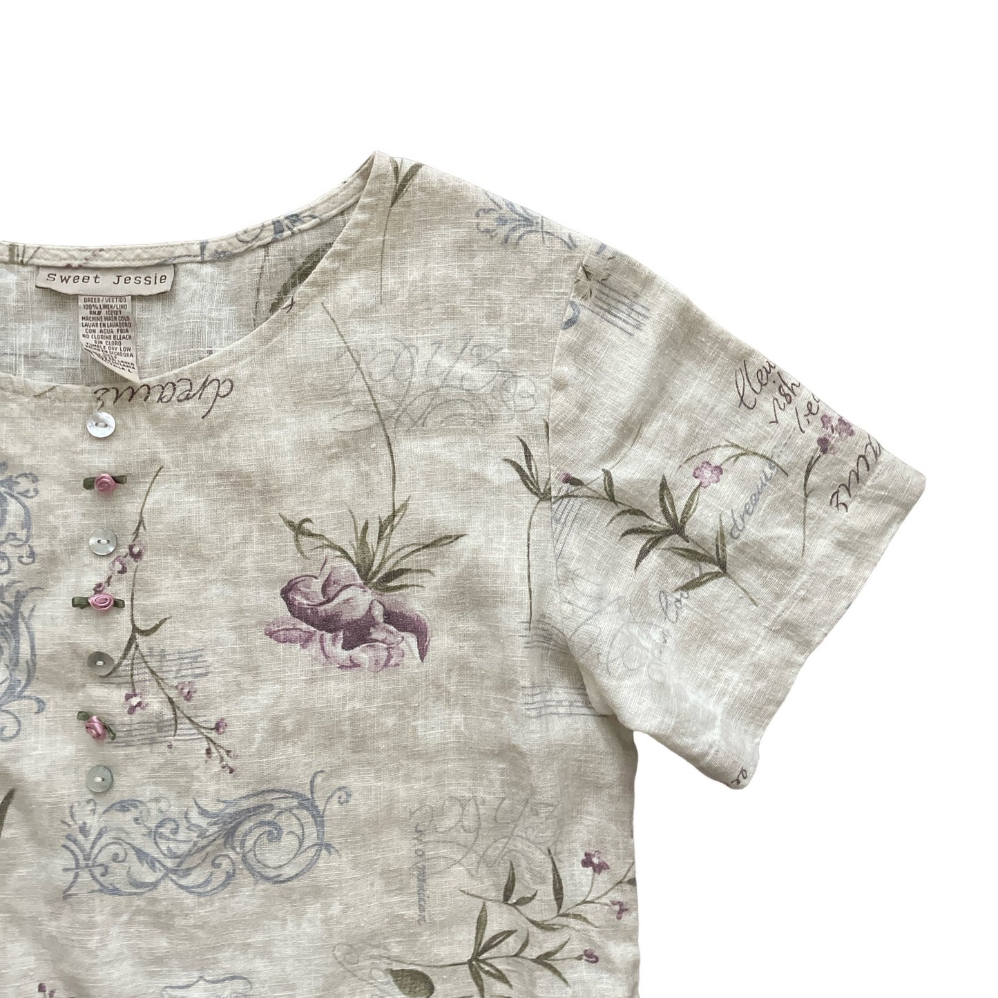 90s 100% Linen Tan Fairygrunge Patterned Dress L