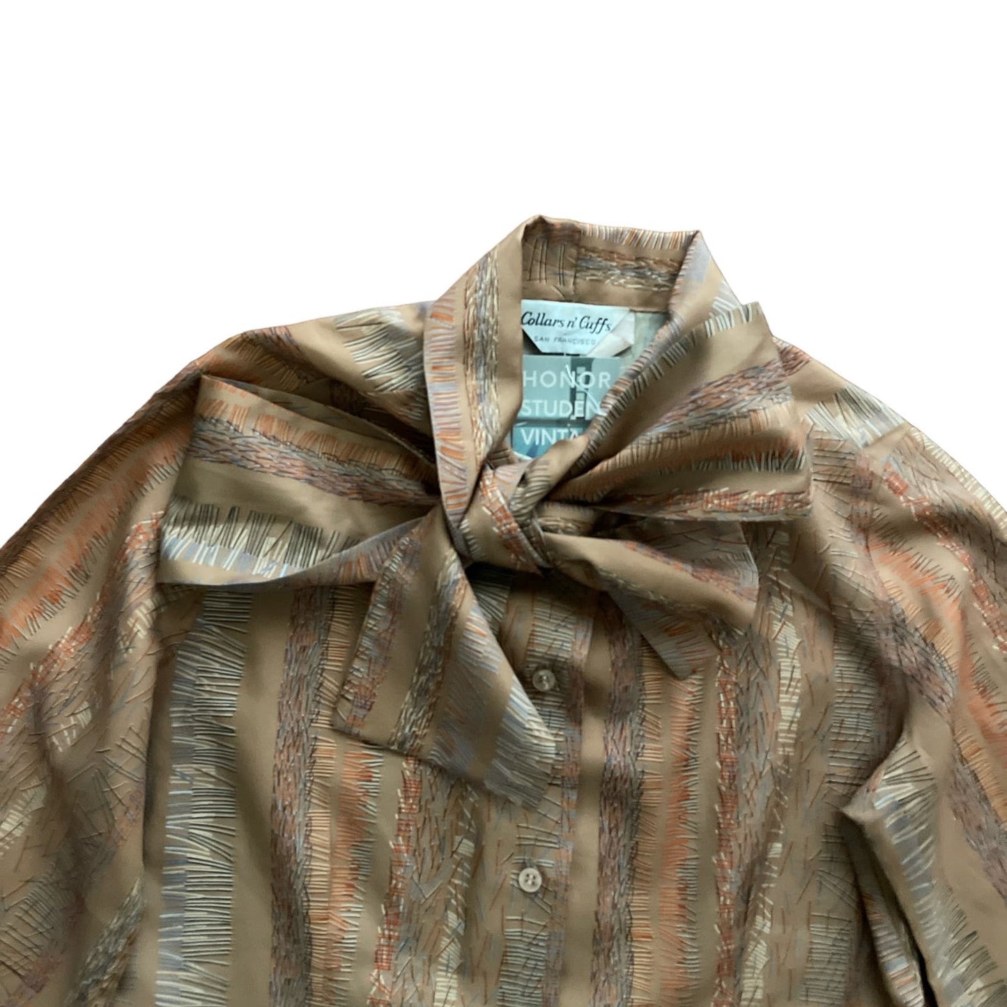 70s Tan Patterned Button Up Pussy Bow Top S