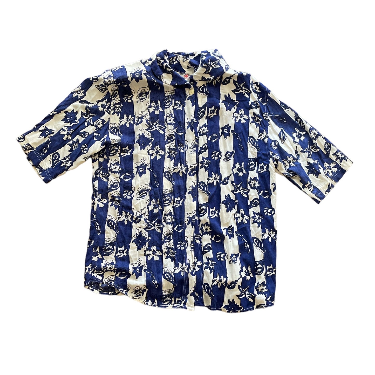 90s Blue White Graphic Floral Print Top L