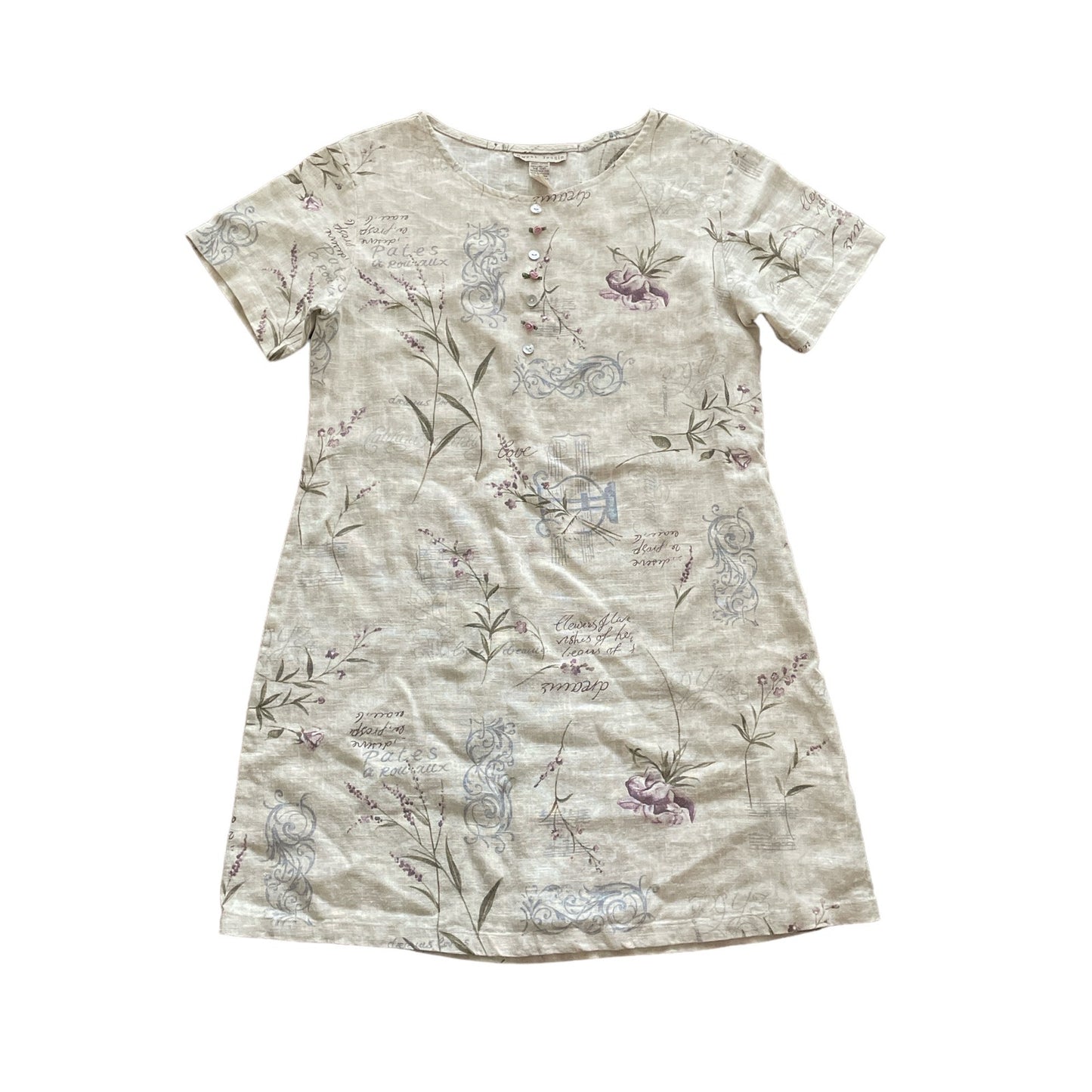 90s 100% Linen Tan Fairygrunge Patterned Dress L