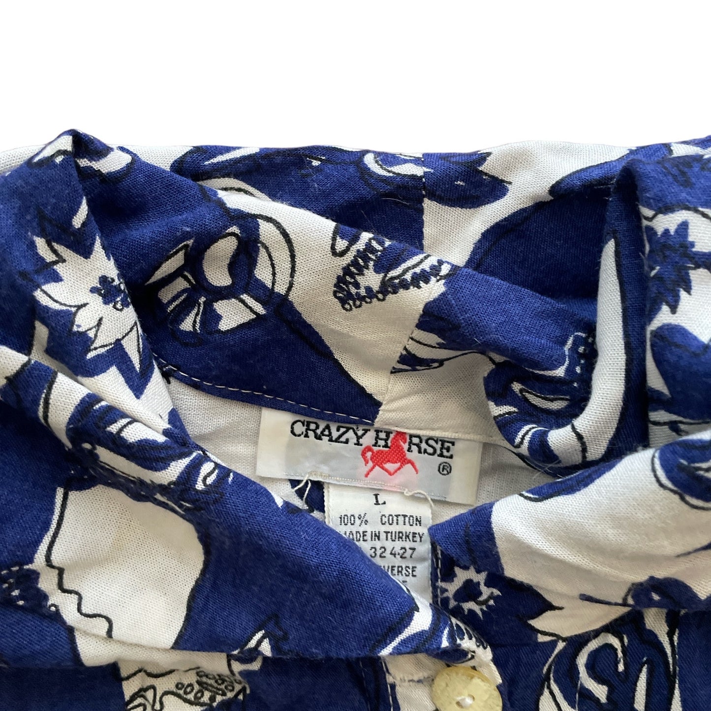 90s Blue White Graphic Floral Print Top L