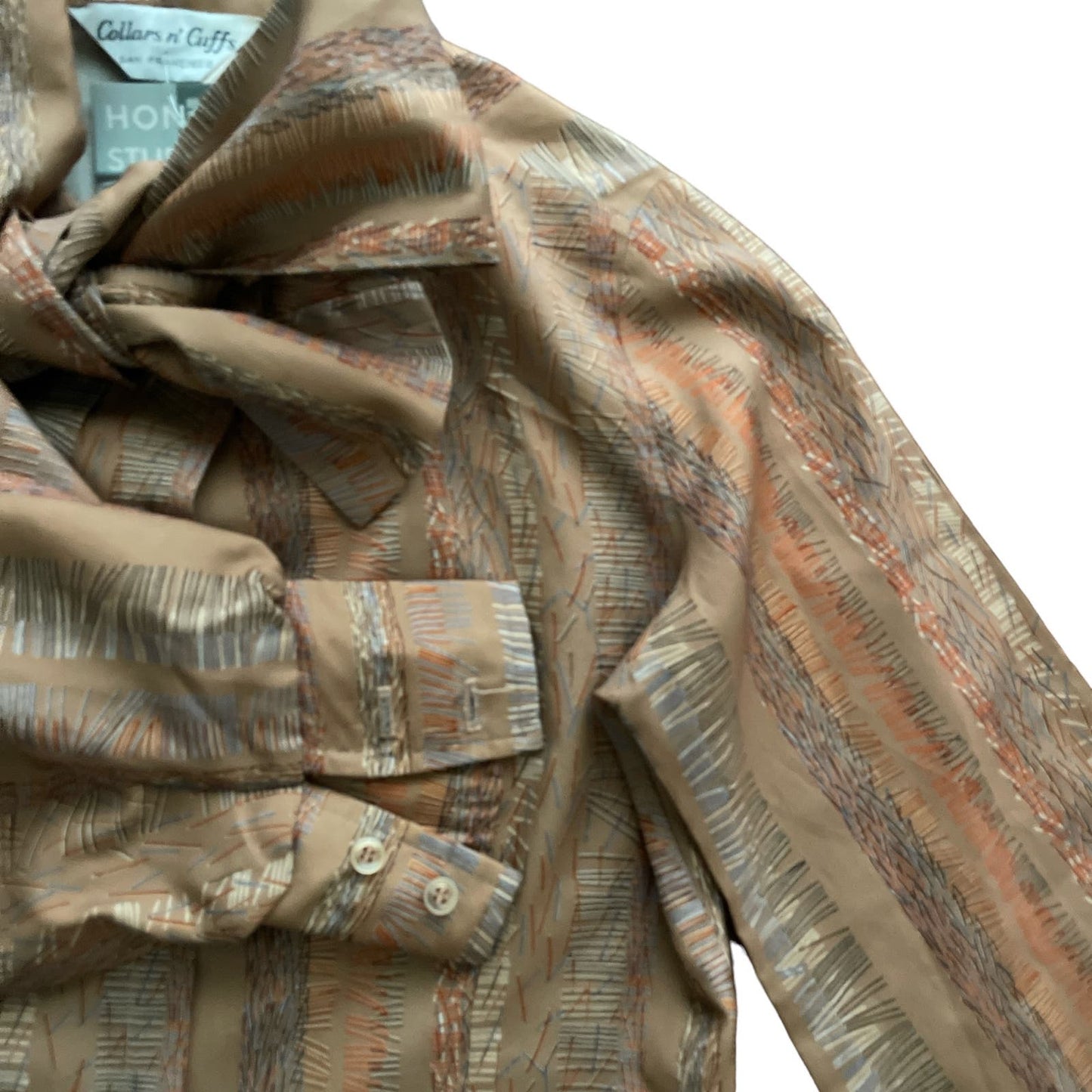 70s Tan Patterned Button Up Pussy Bow Top S