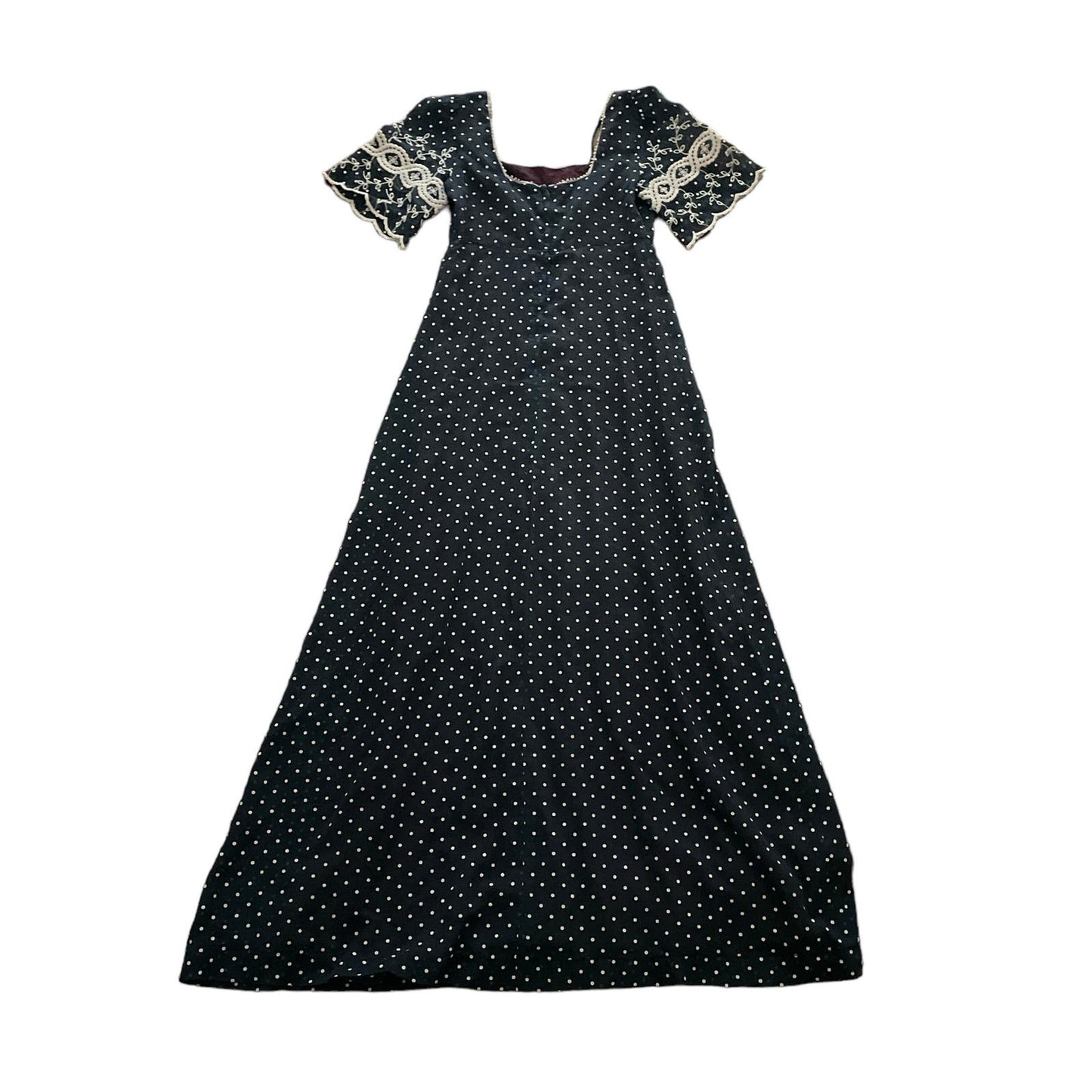 70s Navy Blue Polka Dot Empire Waist Embroidered Dress 7