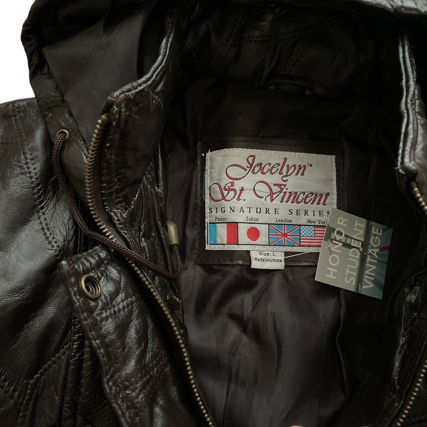 90s Dark Brown Patchwork Leather Hooded Coat L