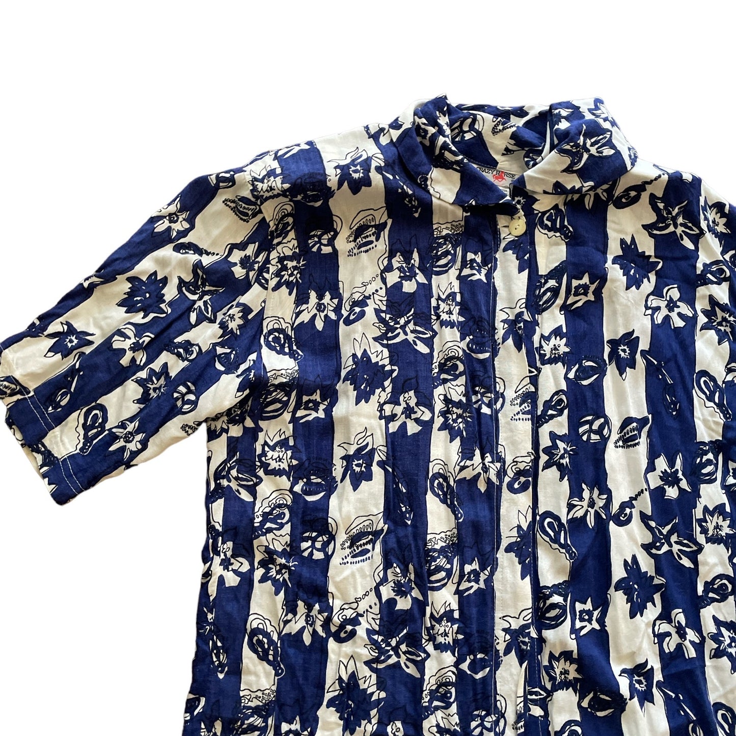 90s Blue White Graphic Floral Print Top L