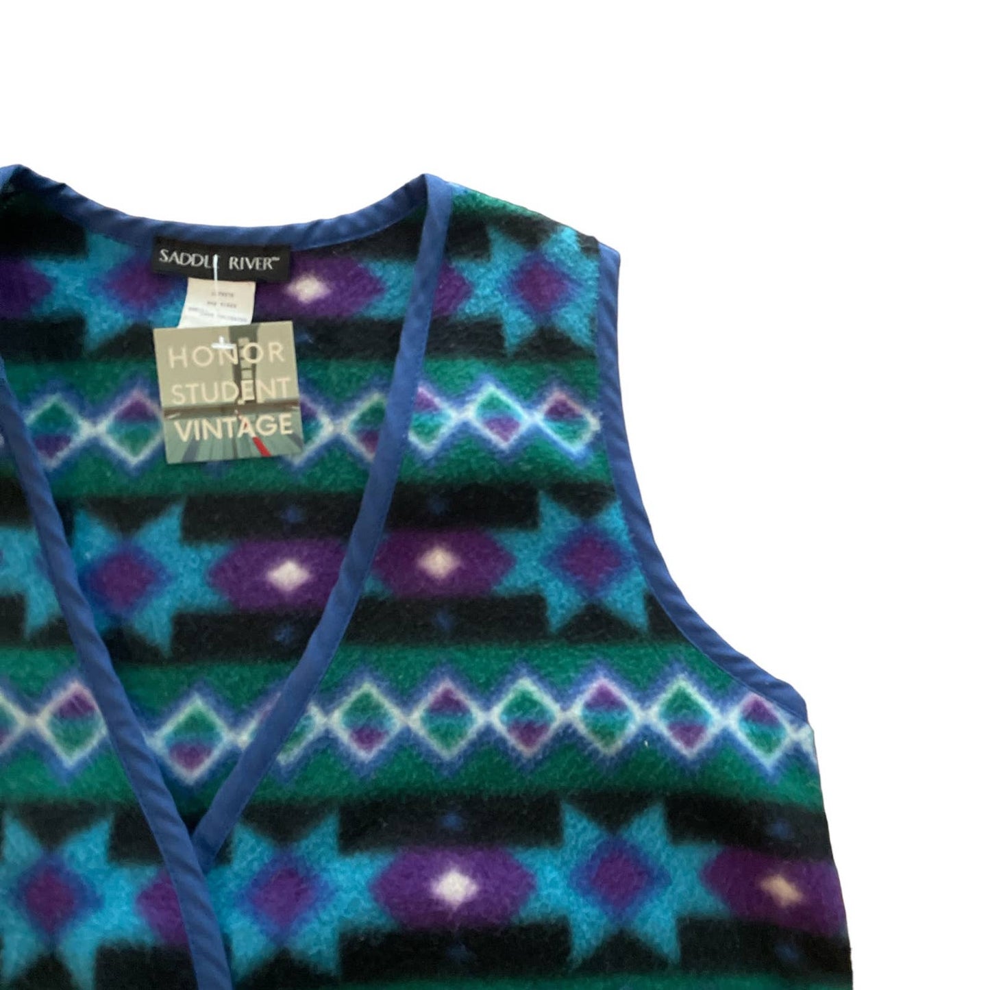 90s Blue Multicolor Patterned Fleece Vest S