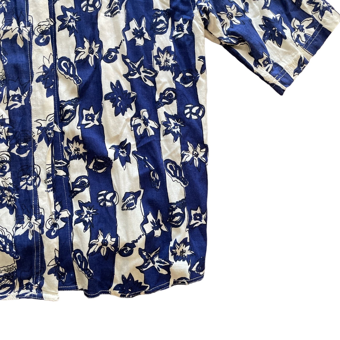 90s Blue White Graphic Floral Print Top L