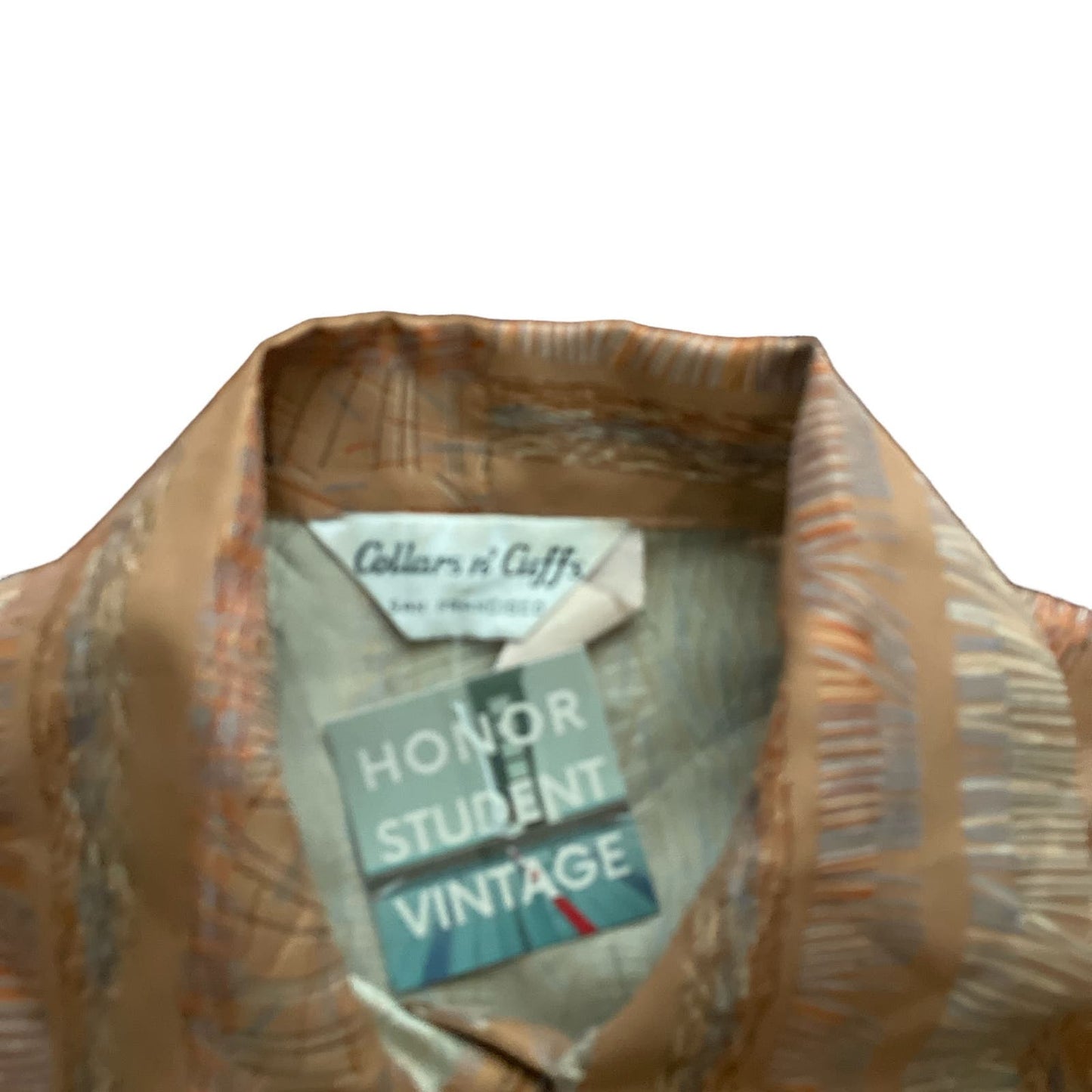70s Tan Patterned Button Up Pussy Bow Top S