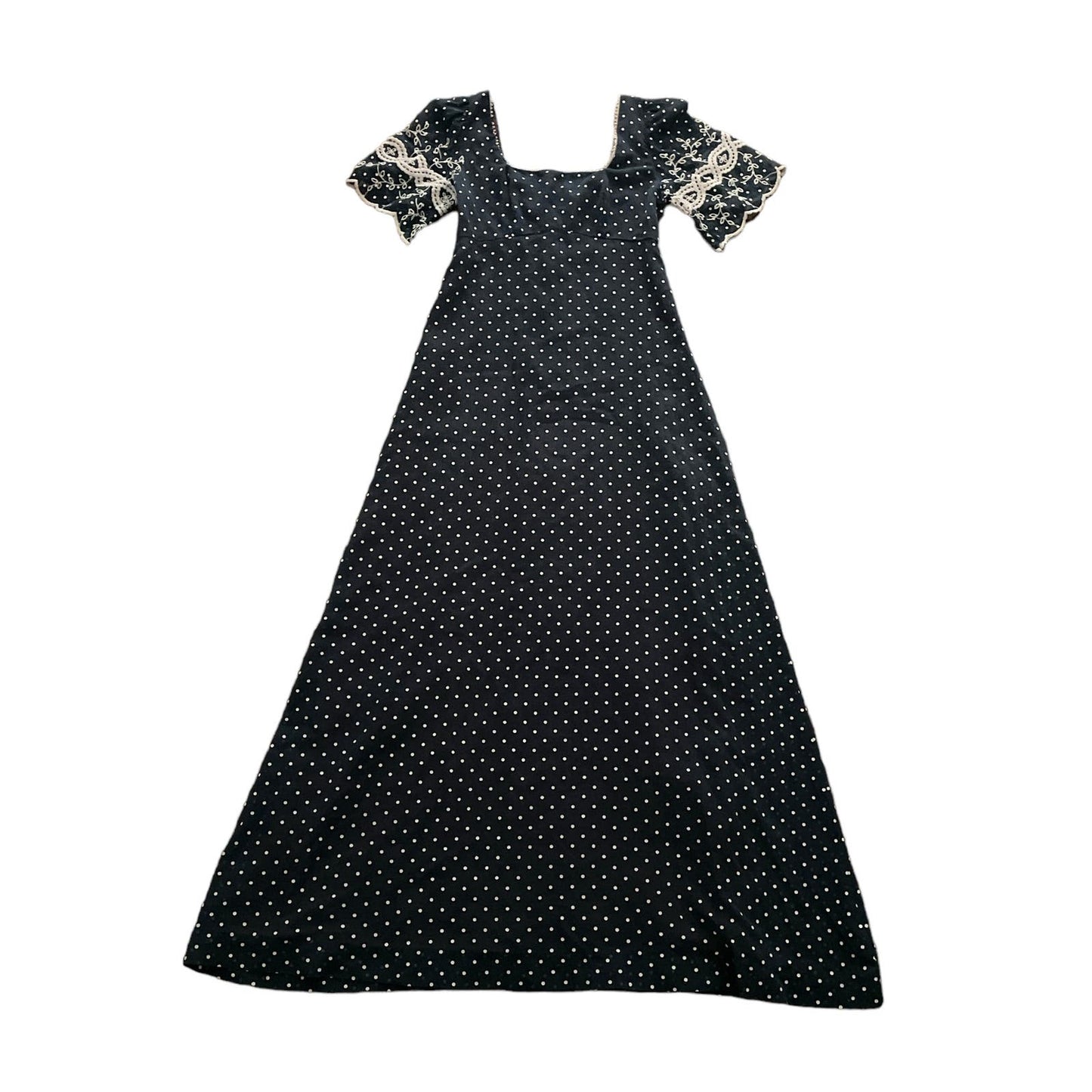 70s Navy Blue Polka Dot Empire Waist Embroidered Dress 7