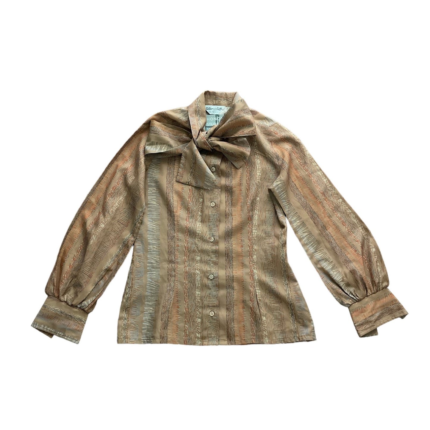70s Tan Patterned Button Up Pussy Bow Top S