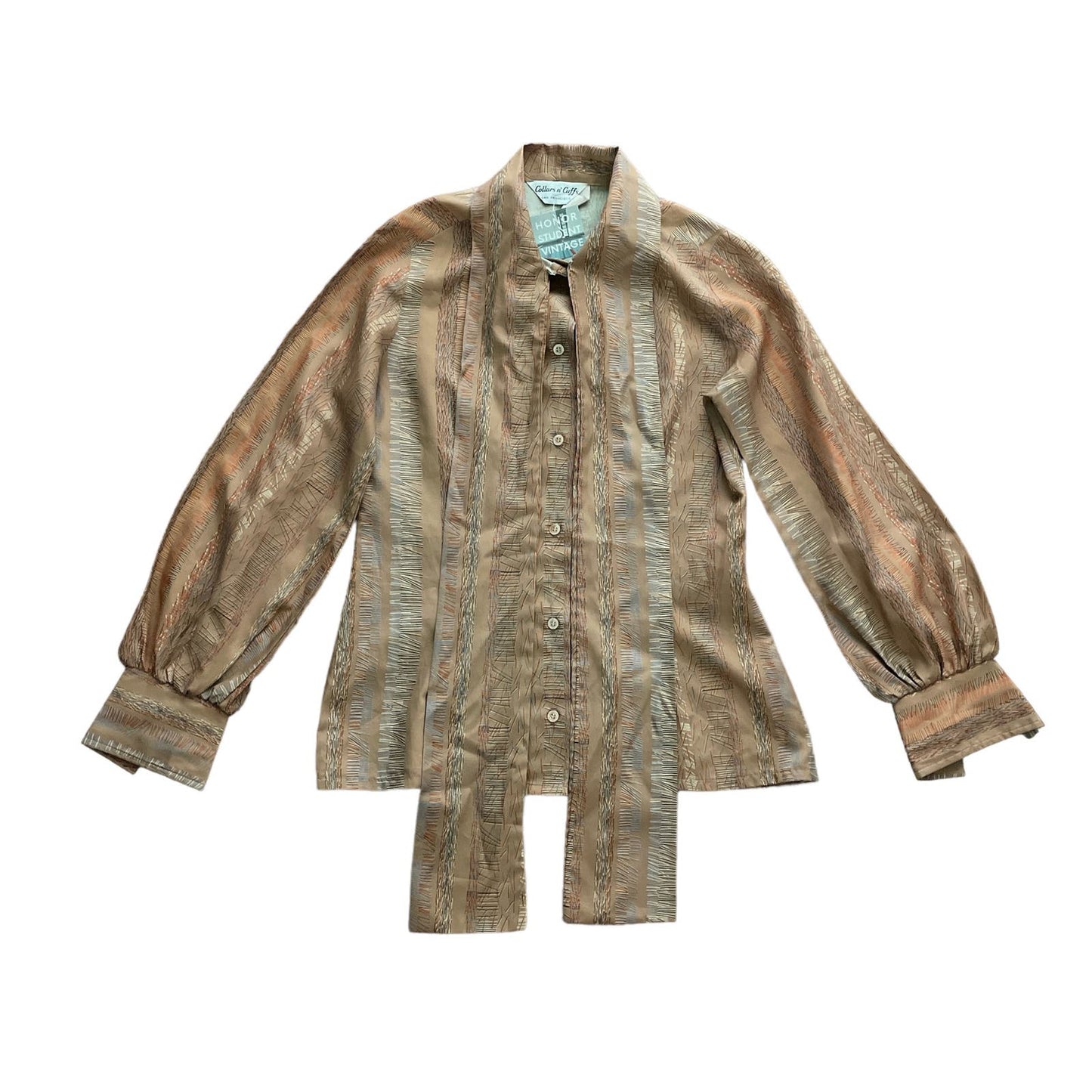 70s Tan Patterned Button Up Pussy Bow Top S