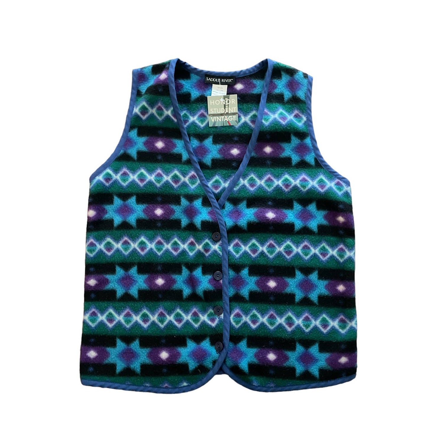 90s Blue Multicolor Patterned Fleece Vest S