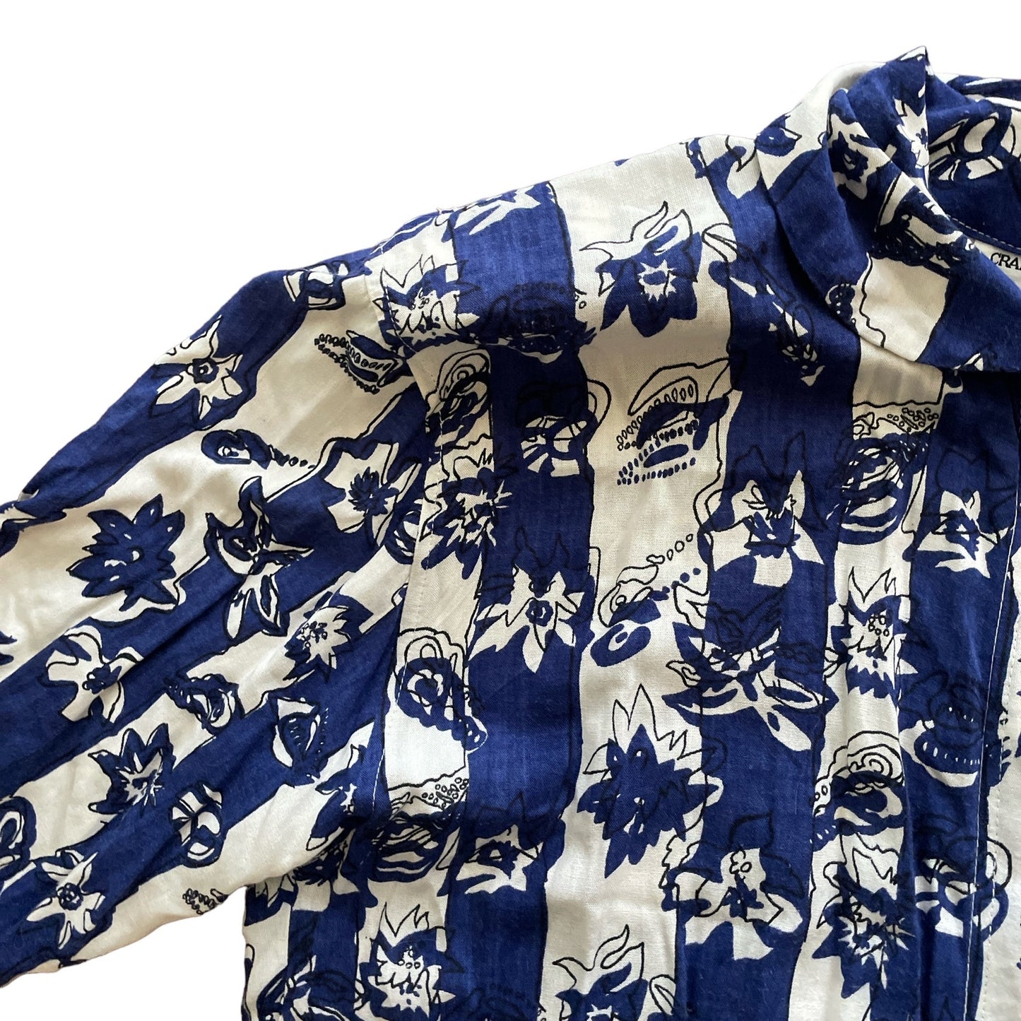 90s Blue White Graphic Floral Print Top L