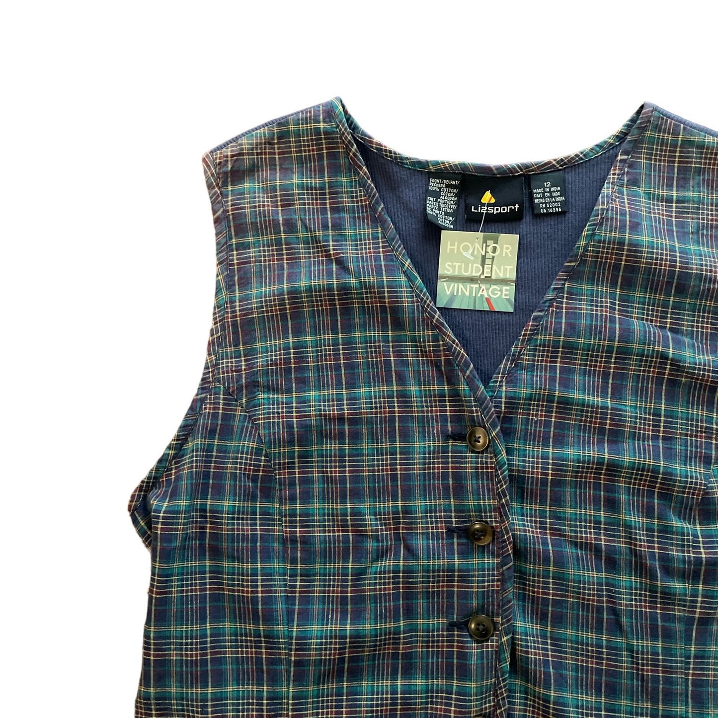 90s Blue Green Tartan Plaid Cotton Button Up Vest 12