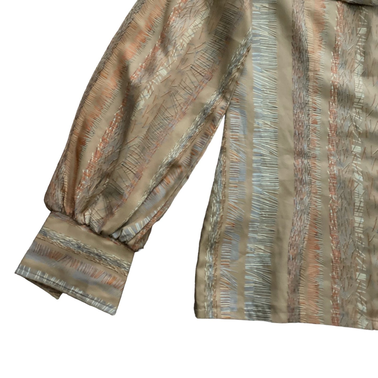 70s Tan Patterned Button Up Pussy Bow Top S