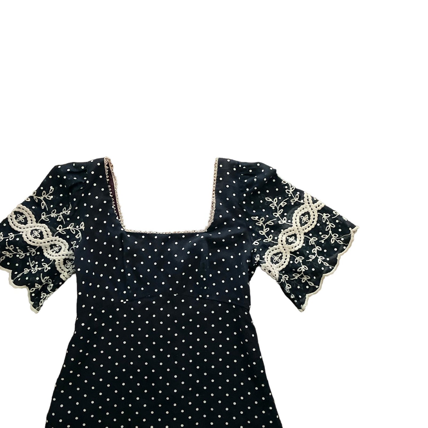 70s Navy Blue Polka Dot Empire Waist Embroidered Dress 7