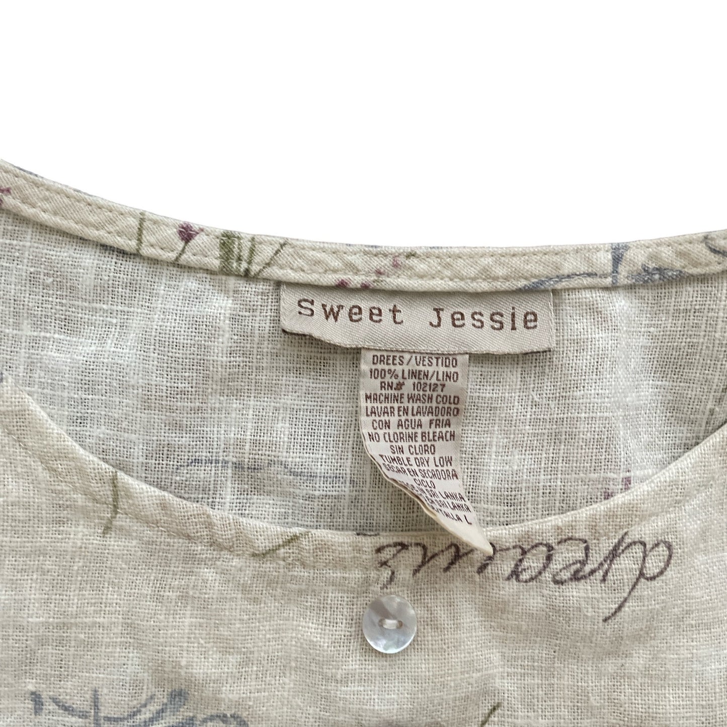 90s 100% Linen Tan Fairygrunge Patterned Dress L