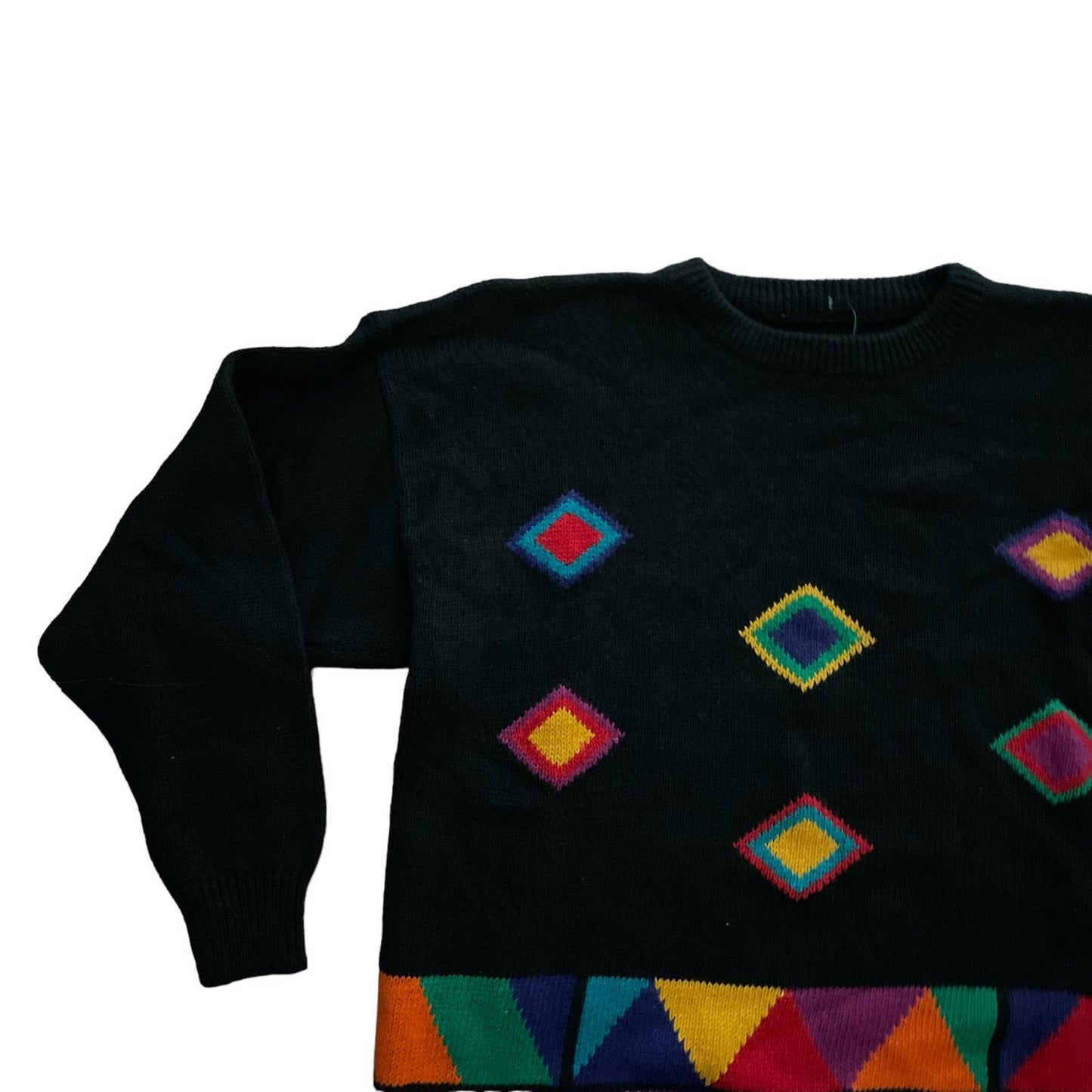 90s Black Neon Multicolor Geometric Chunky Knit Sweater M/L