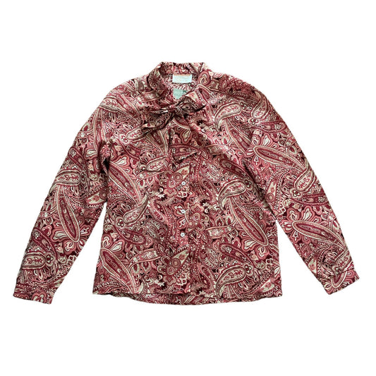 70s Red Pink Paisley Pussy Bow Blouse 15/16