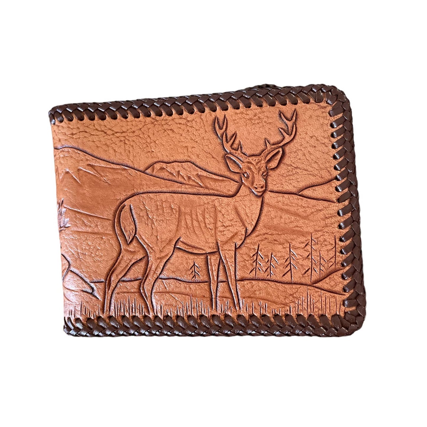 90s Tan Deer Hand Tooled Stitched Leather Bifold Wallet