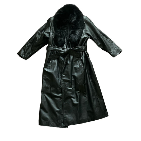 80s Black Fur Trimmed Leather Trench Coat M