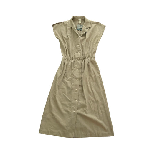 80s Khaki Tan Fitted Button Up Dress S