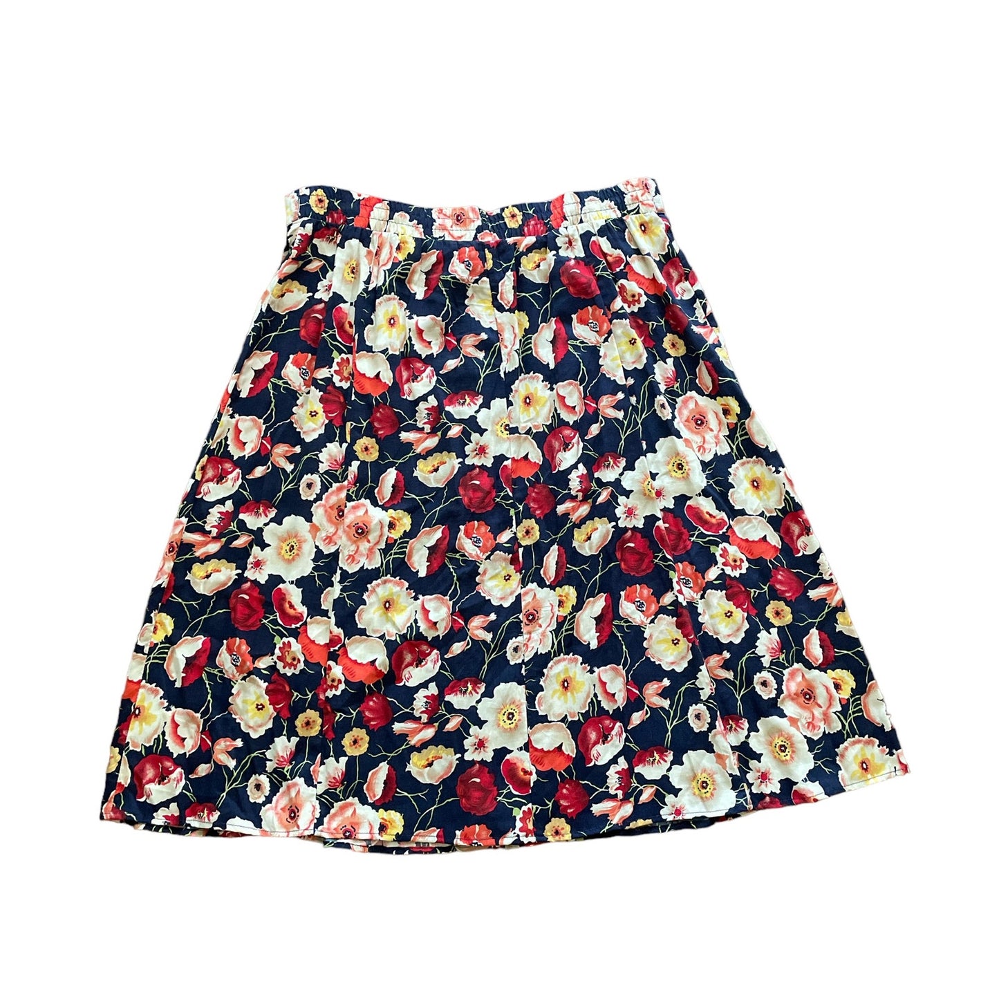 90s Navy Blue Multicolor Poppy Floral Knee Length Skirt L