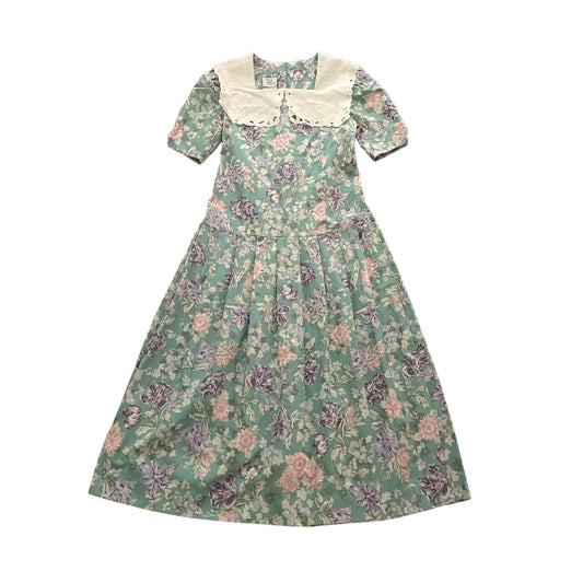 00s Laura Ashley Green Pastel Floral Collared Midi Dress 8