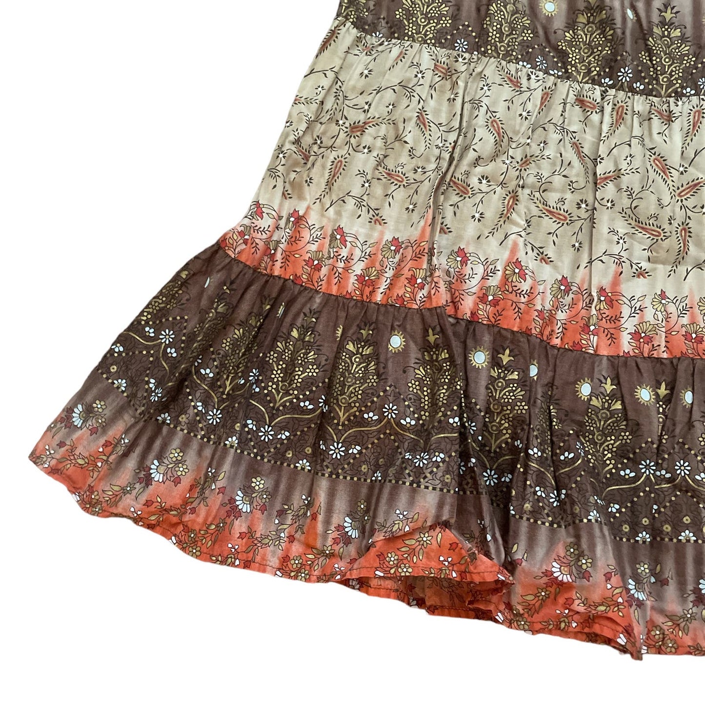 90s Earth Tone Dyed Patchwork Tiered Boho Skirt M