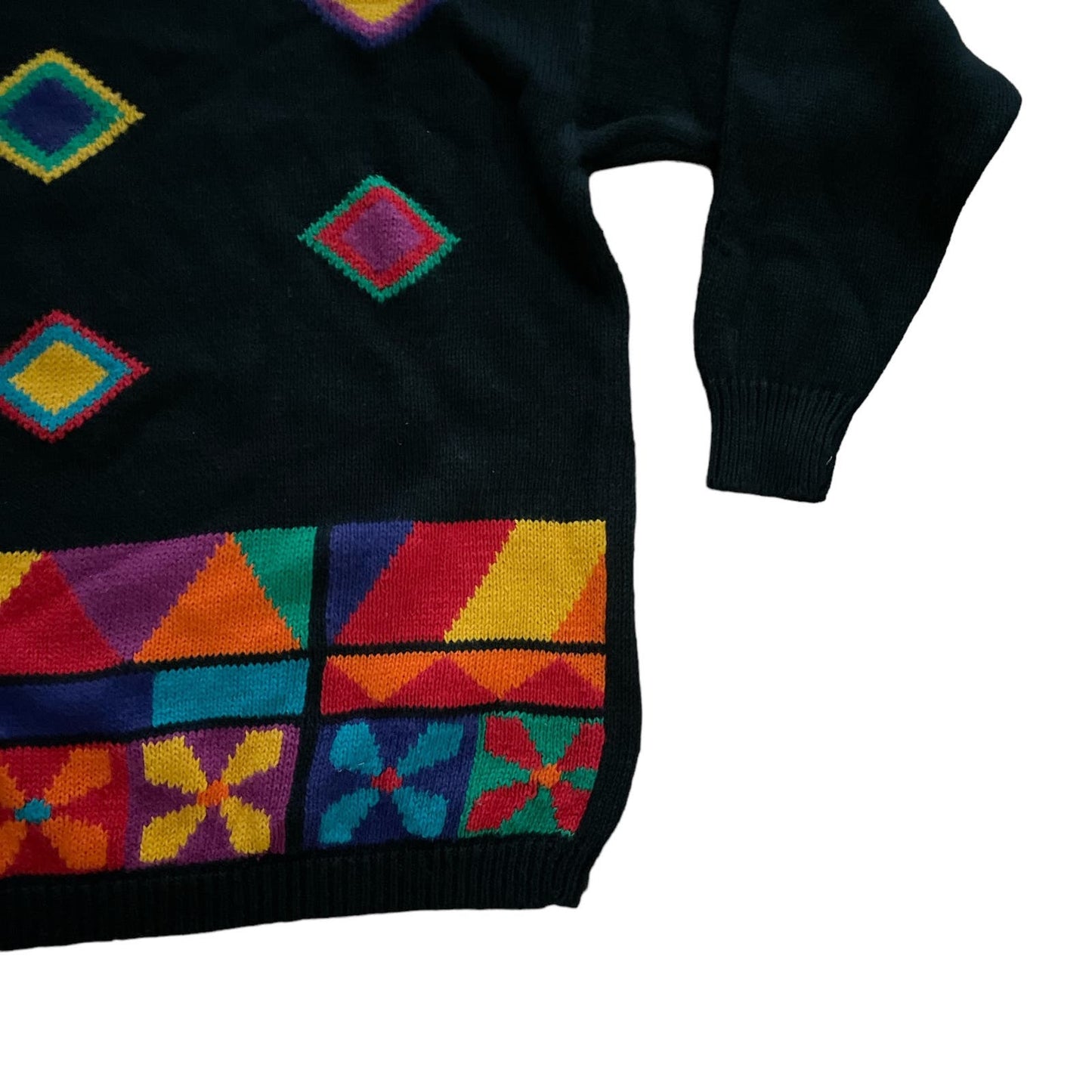 90s Black Neon Multicolor Geometric Chunky Knit Sweater M/L