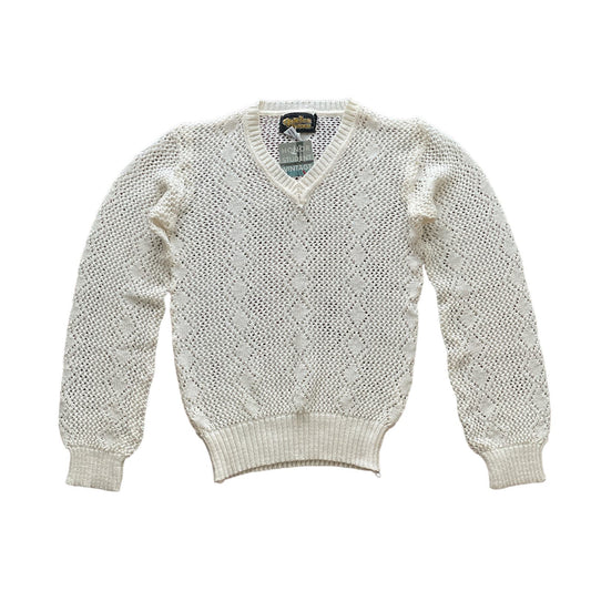 70s Cream Fine Knit Sheer V-neck Sweater S