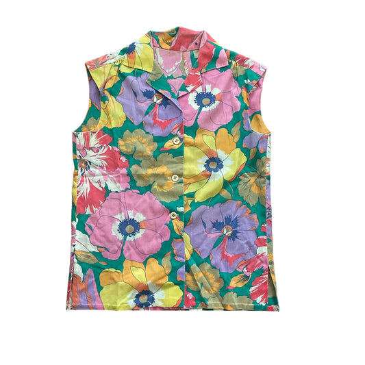 70s Bright Floral Sleeveless Button Up Top S