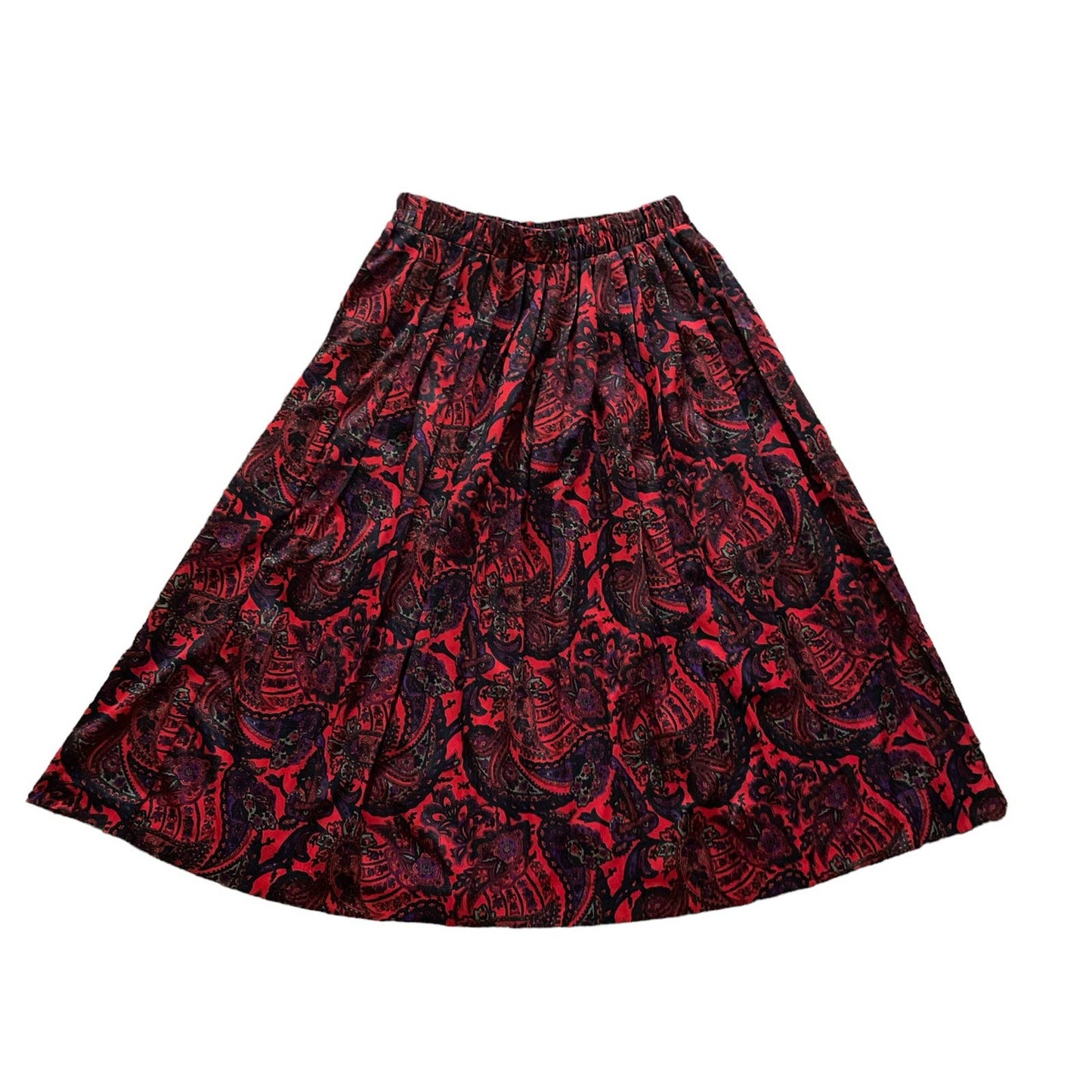 90s Bright Red Paisley Pleated Midi Skirt 8