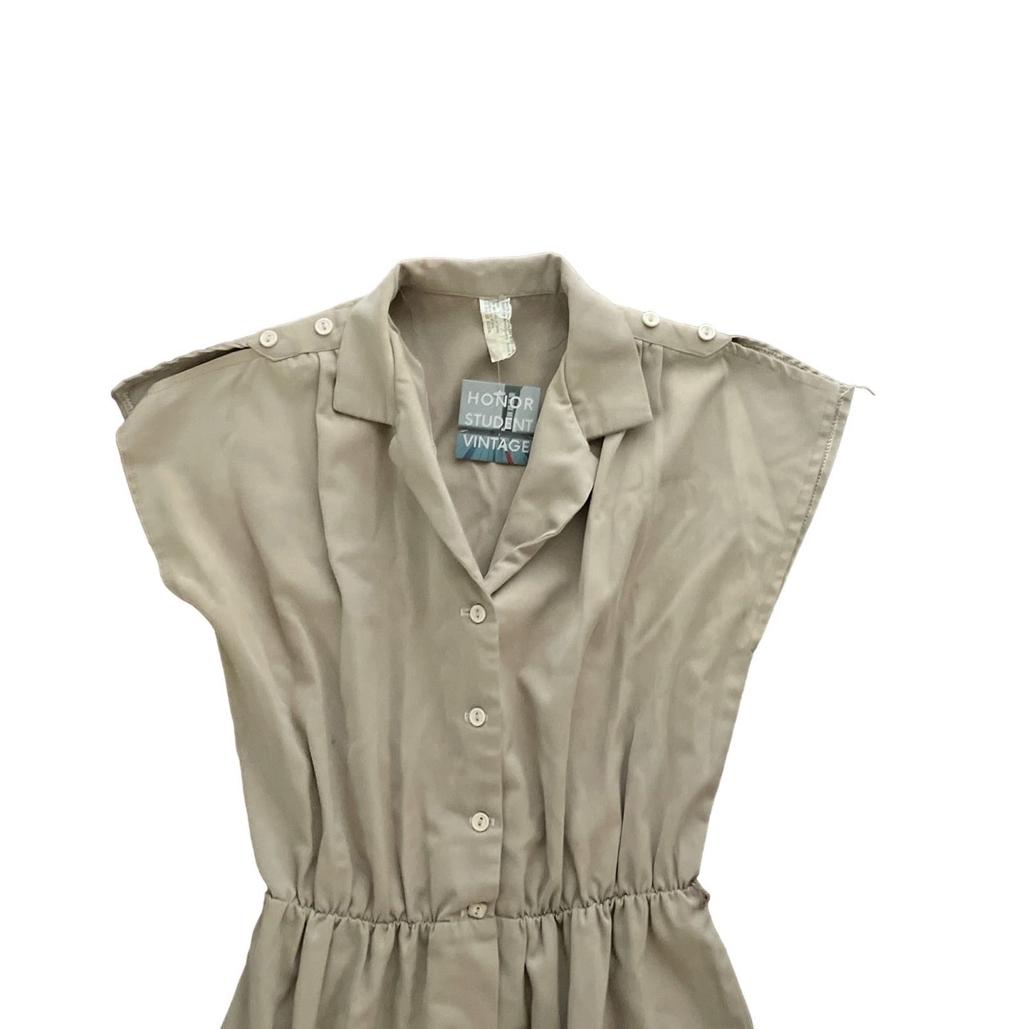 80s Khaki Tan Fitted Button Up Dress S