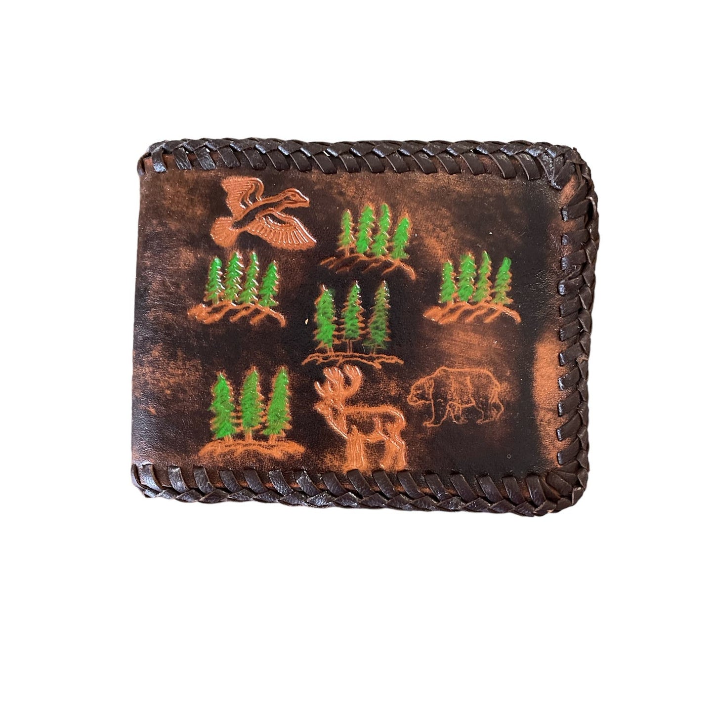 90s Brown Hand Tooled Stitched Deer Bifold Wallet