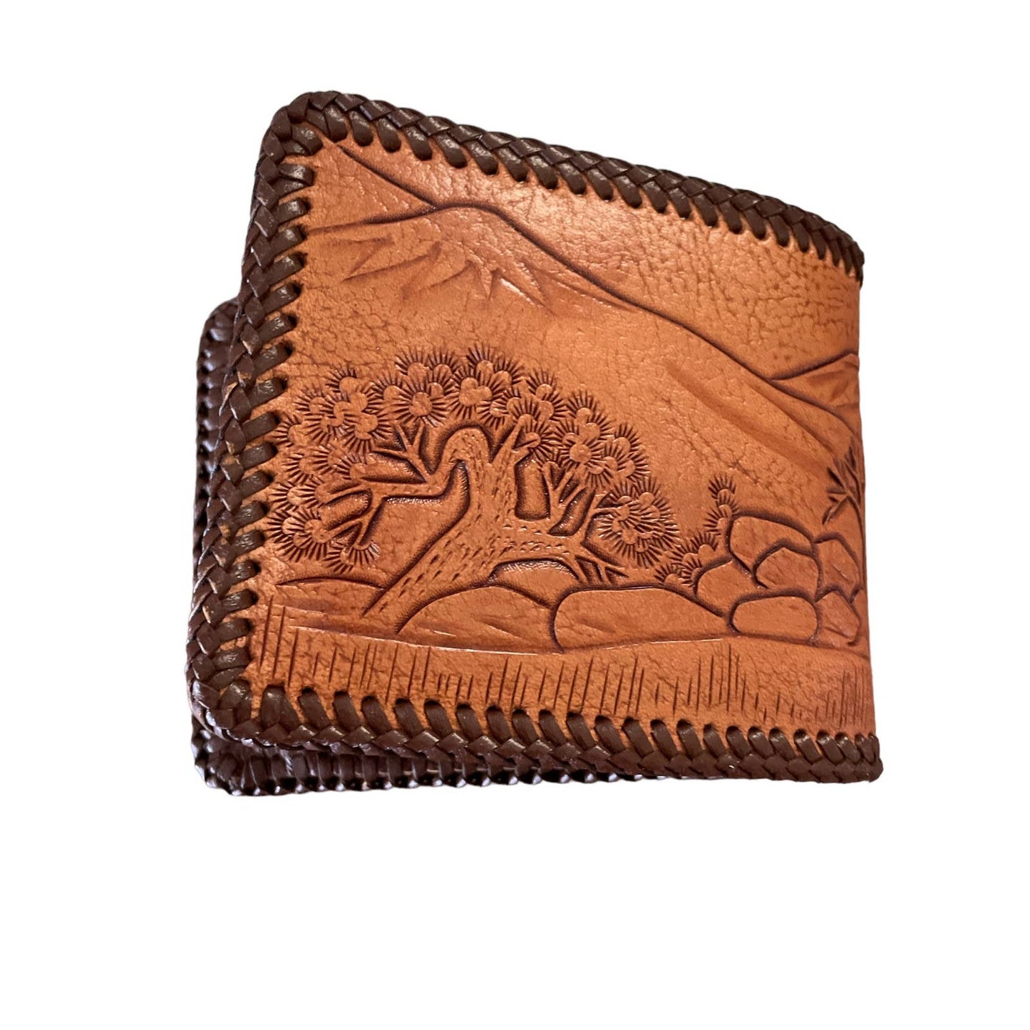 90s Tan Deer Hand Tooled Stitched Leather Bifold Wallet