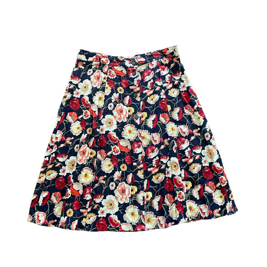 90s Navy Blue Multicolor Poppy Floral Knee Length Skirt L