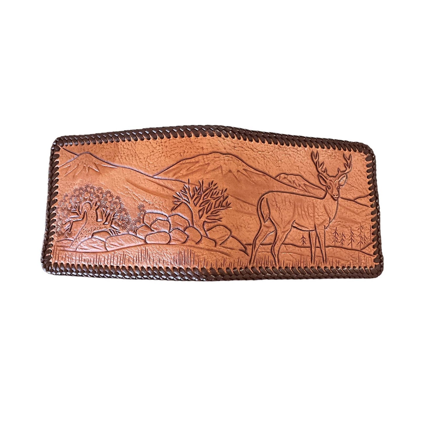 90s Tan Deer Hand Tooled Stitched Leather Bifold Wallet