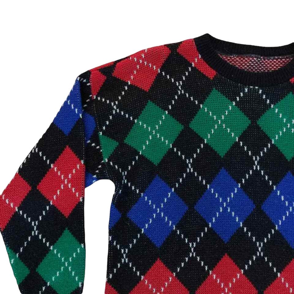 90s Black Multicolor Preppy Argyle Sweater L